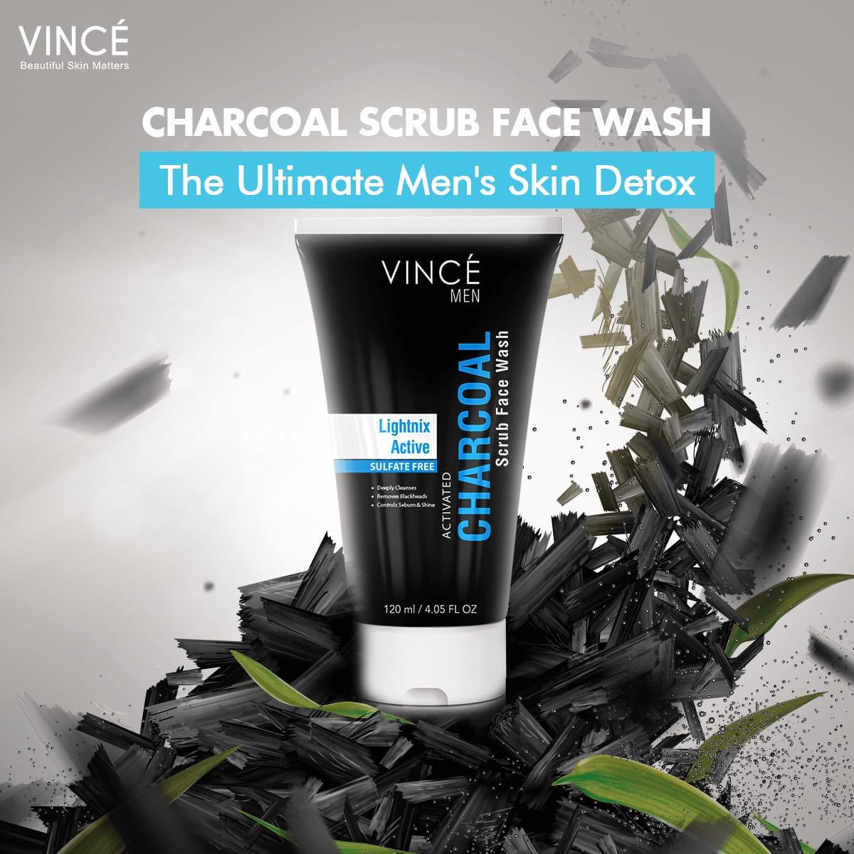 Vincé Men Lightnix Active Charcoal Scrub Face Wash – Deep Cleansing & Blackhead Removal for Men (120ml)