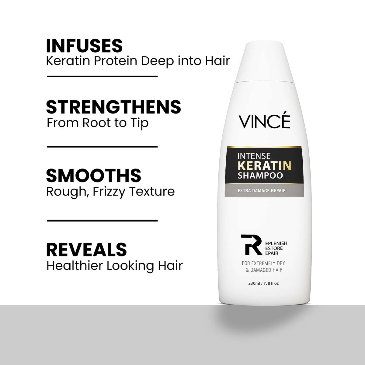 Vincé Intense Keratin Shampoo for Extremely Dry & Damaged Hair – Anti-Frizz & Deep Repair (230ml)